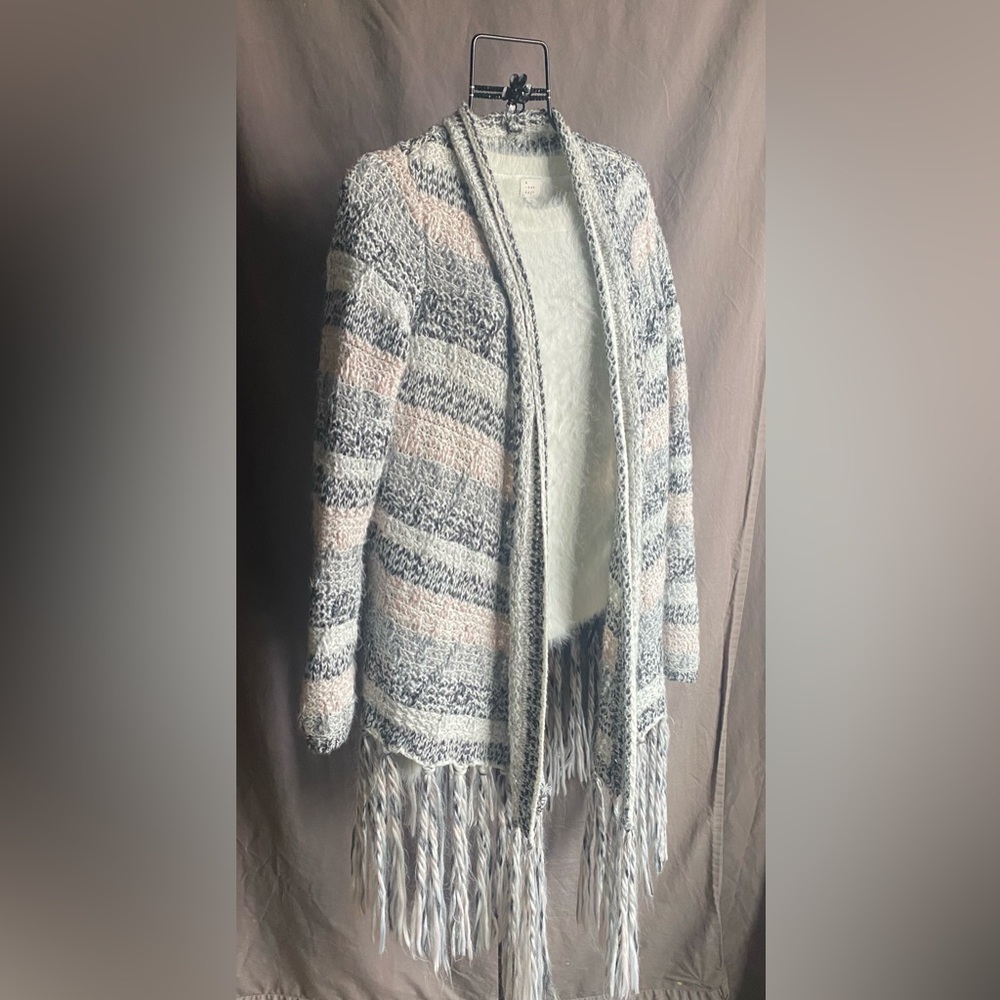 Chico's Textured Striped Cardigan - Gray and Pink Sweater Coat Jacket